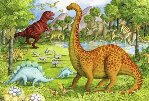 Image of Diamond painting of a prehistoric landscape with various dinosaurs, including a T-Rex, Brachiosaurus, and Stegosaurus