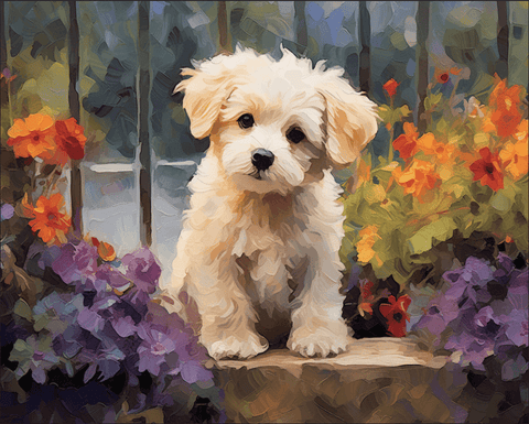 Image of A cute puppy sitting among a bed of colorful flowers.