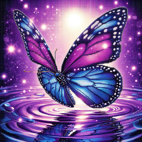 Image of Diamond painting artwork featuring a purple butterfly floating on top of water.