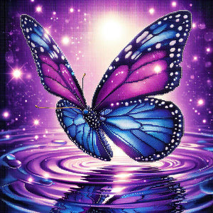 Diamond painting artwork featuring a purple butterfly floating on top of water.