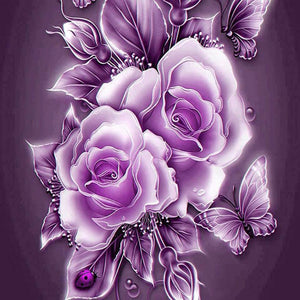 Diamond painting of a rose with shimmering purple hues.