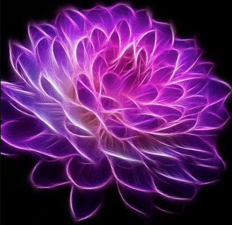 Image of Diamond painting of a flower with vibrant purple petals and a neon glow.