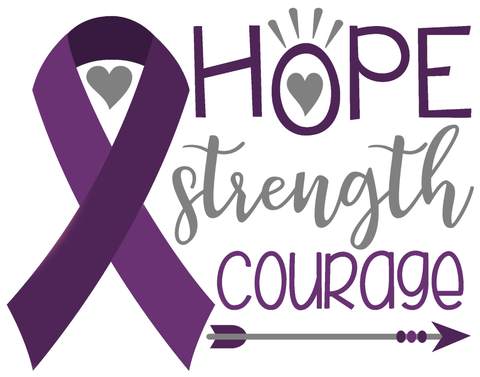 Image of A purple ribbon, the symbol of pancreatic cancer awareness, with the words "Hope, Strength, Courage" and an arrow.