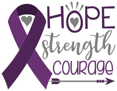 A purple ribbon, the symbol of pancreatic cancer awareness, with the words "Hope, Strength, Courage" and an arrow.