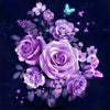 Diamond painting of vibrant purple roses bursting with colorful blooms.