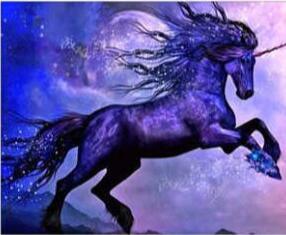 Image of Diamond painting of a purple unicorn rearing on its hind legs.