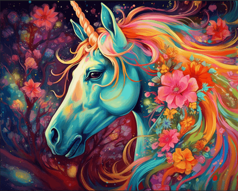 Image of Diamond painting of a majestic unicorn with a flowing rainbow mane.