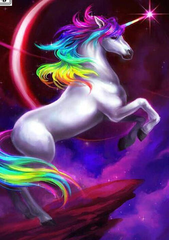 Image of Diamond painting of a white unicorn with a sparkling rainbow mane and tail.