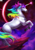 Diamond painting of a white unicorn with a sparkling rainbow mane and tail.