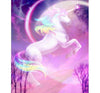 Diamond painting of a white unicorn with a rainbow mane and tail. 