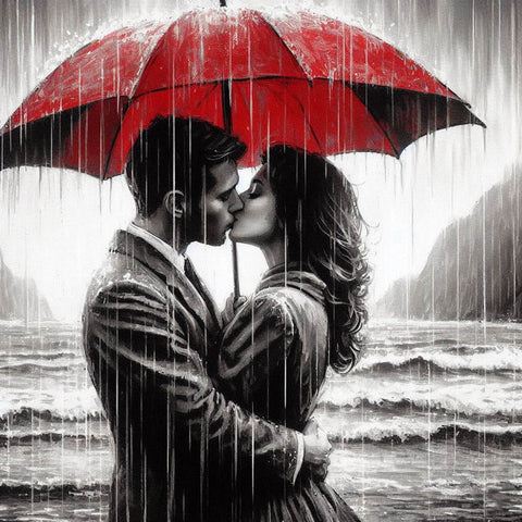 Image of Red and black diamond painting of Romantic couple kissing under a red umbrella.