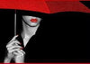 Red and black diamond painting: Mysterious woman with red lipstick holding red umbrella.