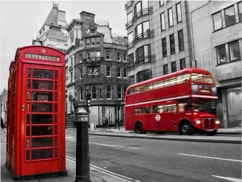 Image of Diamond painting of a red double-decker bus driving down a red brick street in London, passing a red telephone booth.