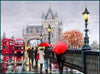 Red double-decker buses and red umbrellas on black and white diamond painting