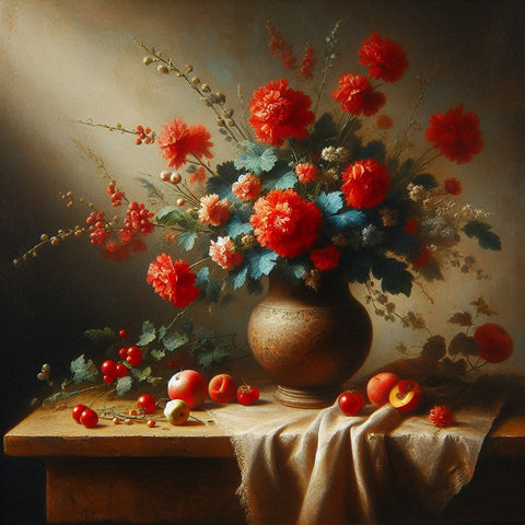 Image of Diamond painting of Red flowers in a vase on a table