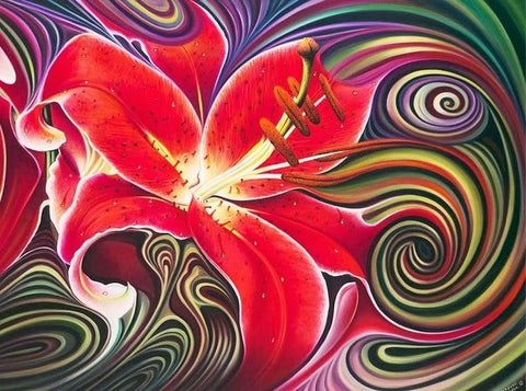 Image of Diamond painting of a red lily flower in a mosaic style.