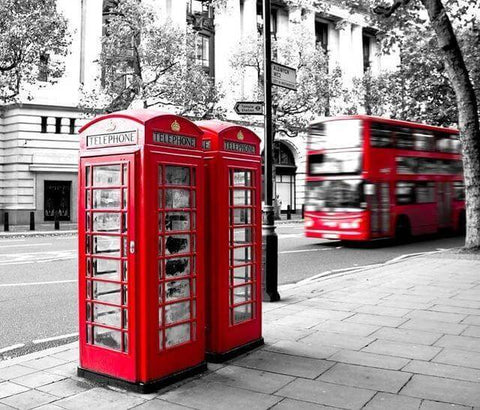 Image of Red London phone booth on black and white diamond painting