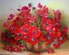 Diamond painting of a basket overflowing with vibrant red poppy flowers.