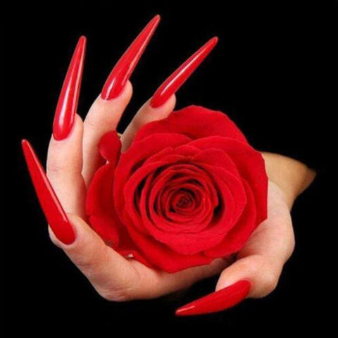 Image of Diamond Painting of a Red Rose Held in Hand with Long Red Nails