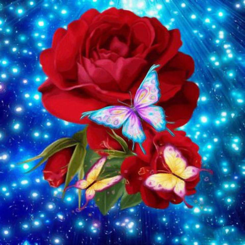 Image of Diamond Painting of Red Roses and Colorful Butterflies on a Blue Background