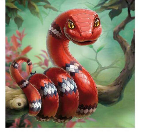 Image of Diamond Painting of a Red Snake with Black and White Patterns on a Branch