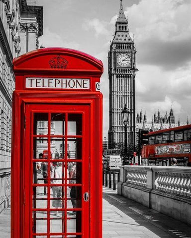 Image of Red telephone booth with Big Ben in black and white diamond painting