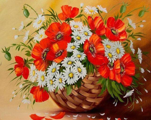 Image of Diamond painting of a vibrant bouquet of red and white flowers in a woven basket.