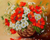 Diamond painting of a vibrant bouquet of red and white flowers in a woven basket.