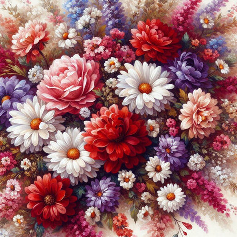 Image of Diamond painting of vibrant red, white, and purple flowers.