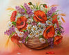 Diamond painting with a bouquet of red, white, and purple flowers in a basket.