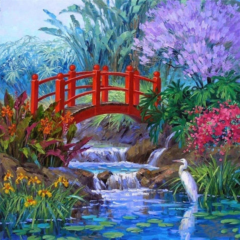 Image of Diamond painting of a miniature red bridge over a pond with a waterfall and greenery.