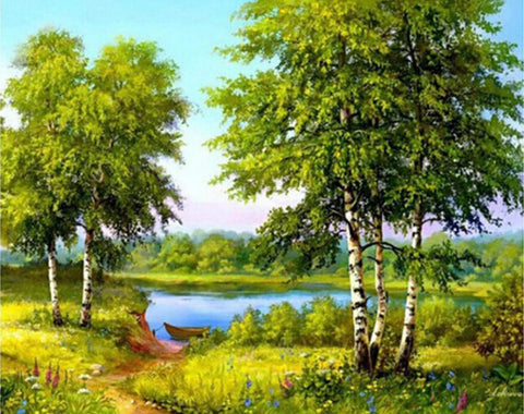 Image of Diamond painting of a scenic landscape with a winding river flowing through a lush green forest.