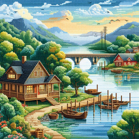 Image of serene diamond painting of a cozy cottage by a tranquil lake with a bridge and boats