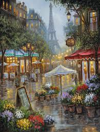 Image of Romantic Parisian landscape featuring cafes, shops, and the Eiffel Tower.