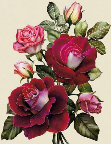 Image of Diamond painting of a red rose bouquet with pink roses and green leaves.