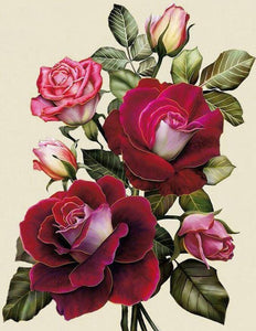 Diamond painting of a red rose bouquet with pink roses and green leaves.