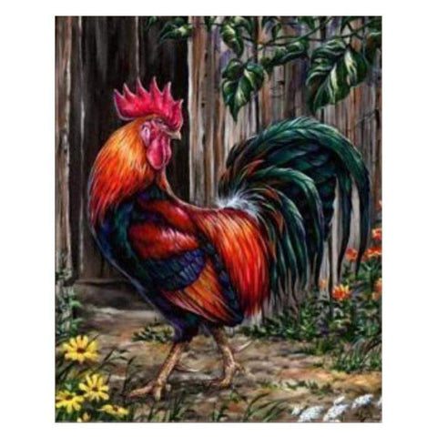 Image of Diamond painting of a colorful rooster standing in front of a wooden fence.