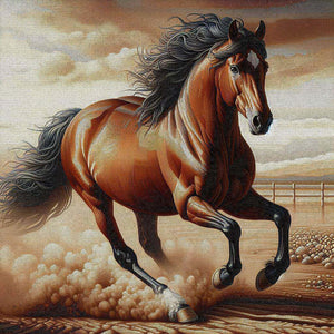 Diamond painting of running horse in a dust cloud