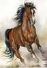 Diamond painting of a brown horse running through a cloud of dust. 