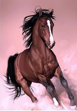 Image of Diamond painting of a brown horse running on a pink background.