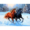 Diamond painting of two horses running through the snow.