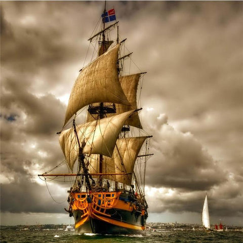 Image of Diamond painting of a tall sailing ship battling a stormy ocean