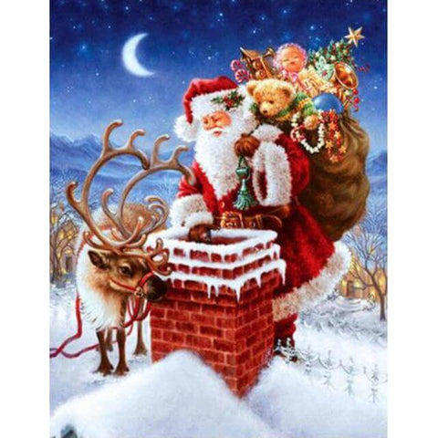 Image of Diamond Painting of Santa Claus Climbing Down a Chimney with Reindeer and Gifts