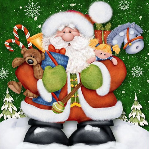 Image of Diamond painting kit featuring Santa Claus holding a pile of colorful gifts.