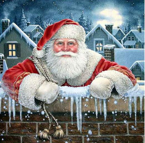 Image of Santa Claus diamond painting in a winter wonderland scene.