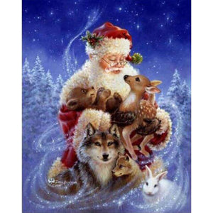 Diamond Painting of Santa Claus with Forest Animals in a Winter Scene