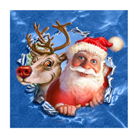 Image of Diamond Painting of Santa Claus and a Reindeer Peeking Through a Hole