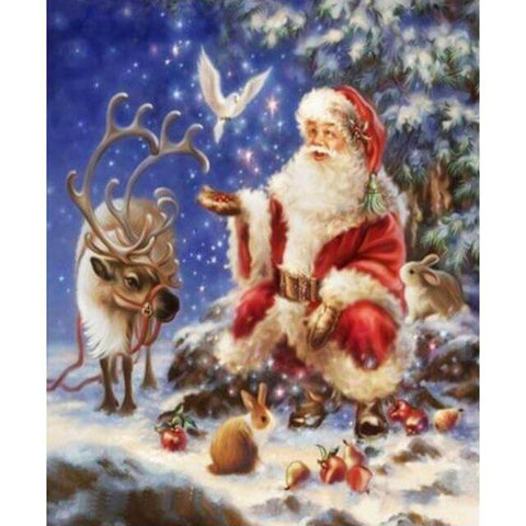 Image of Diamond Painting of Santa Claus with Reindeer and Animals in a Winter Scene