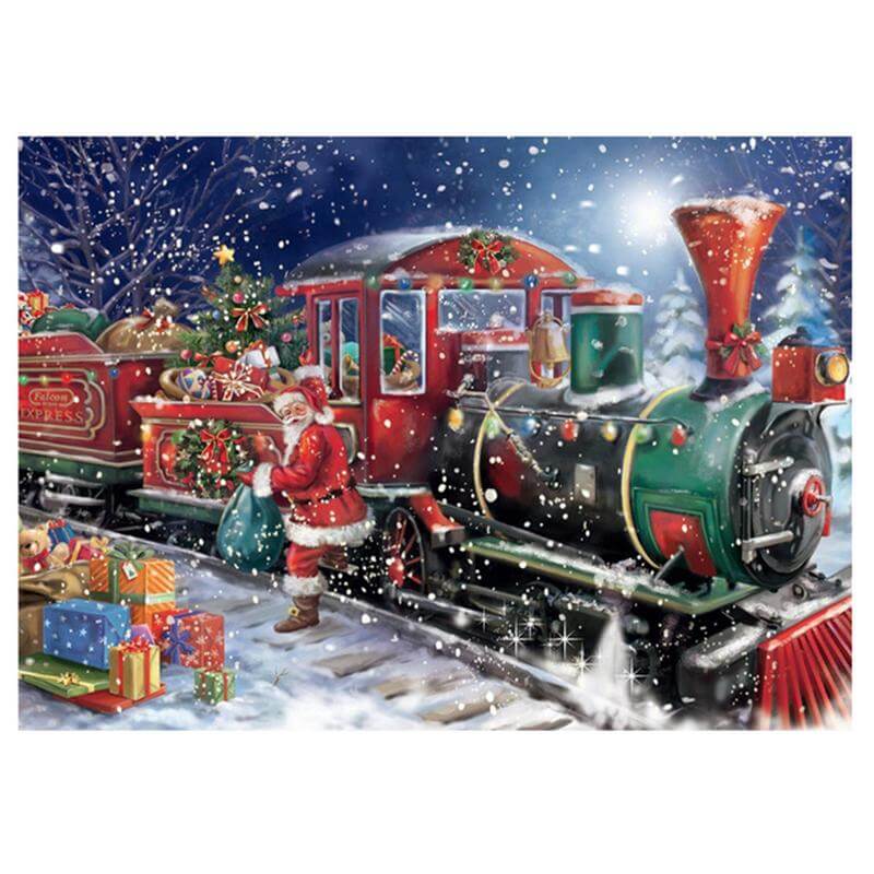 Diamond painting featuring a festive Christmas train carrying Santa Claus and a lot of presents.