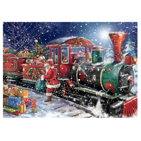 Image of Diamond painting featuring a festive Christmas train carrying Santa Claus and a lot of presents.